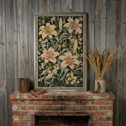 Peach Lily Botanical Canvas with Olive Foliage in silver floating frame
