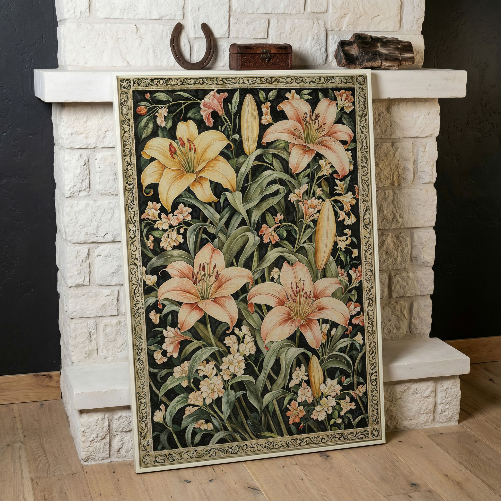 Peach Lily Botanical Canvas with Olive Foliage in white floating frame