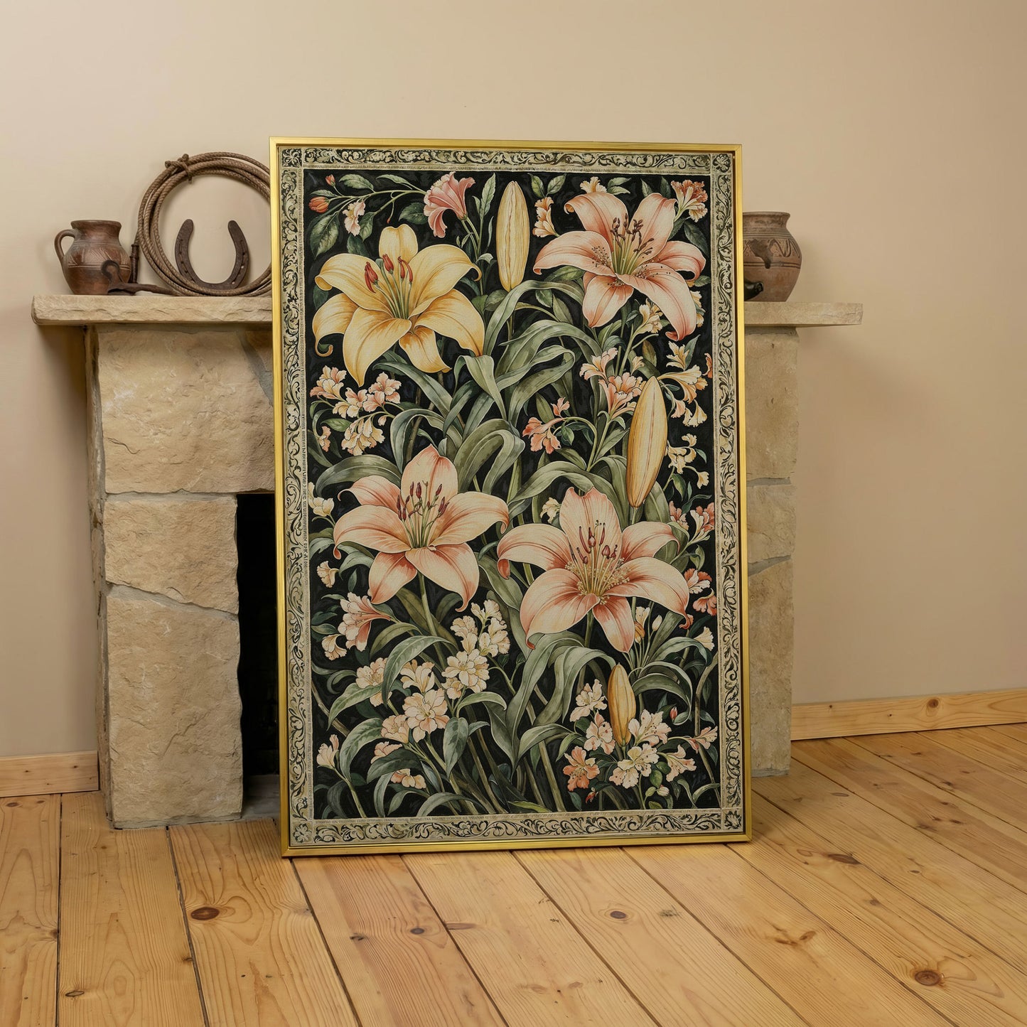 Peach Lily Botanical Canvas with Olive Foliage in yellow gold floating frame