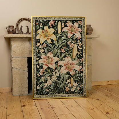 Peach Lily Botanical Canvas with Olive Foliage in yellow gold floating frame