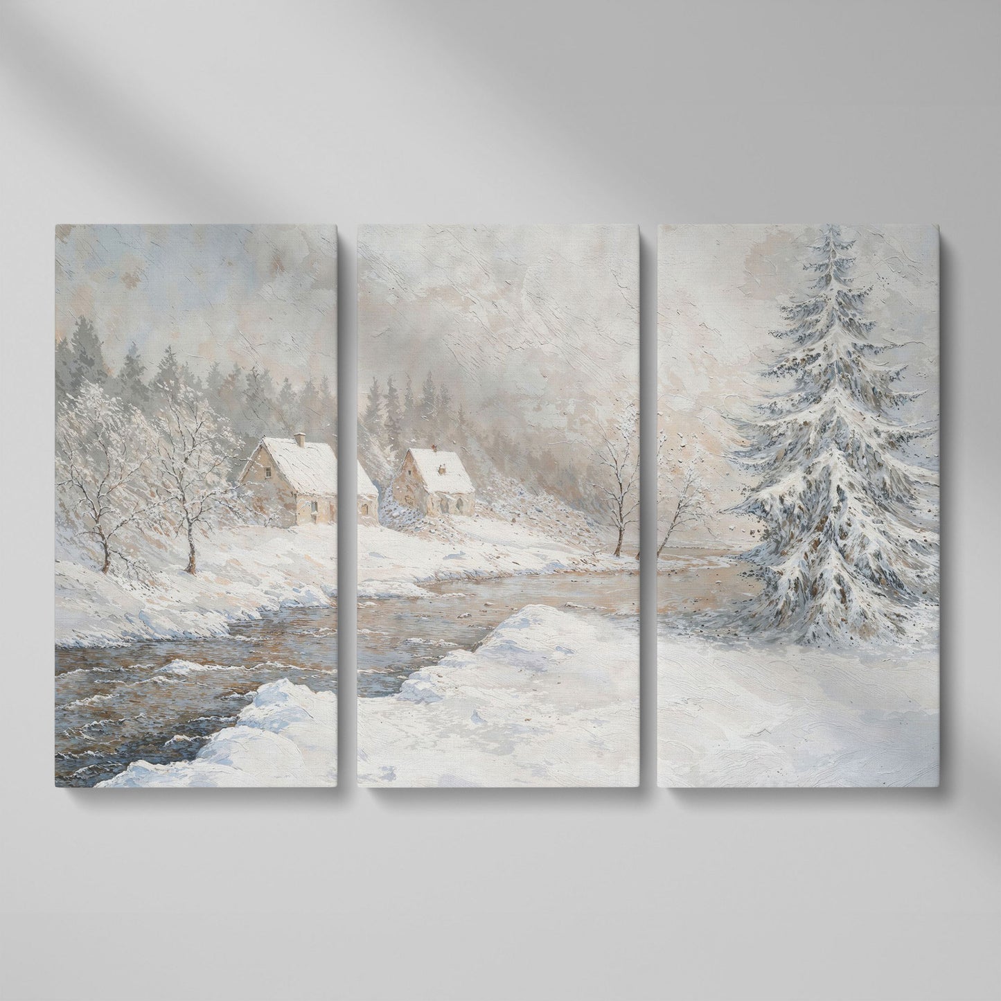 Cozy Cabins by Frozen River Winter Canvas as 3-panel split version