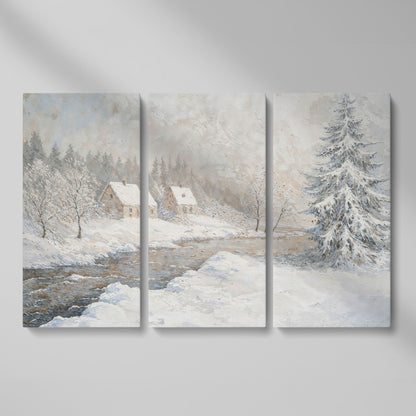 Cozy Cabins by Frozen River Winter Canvas as 3-panel split version