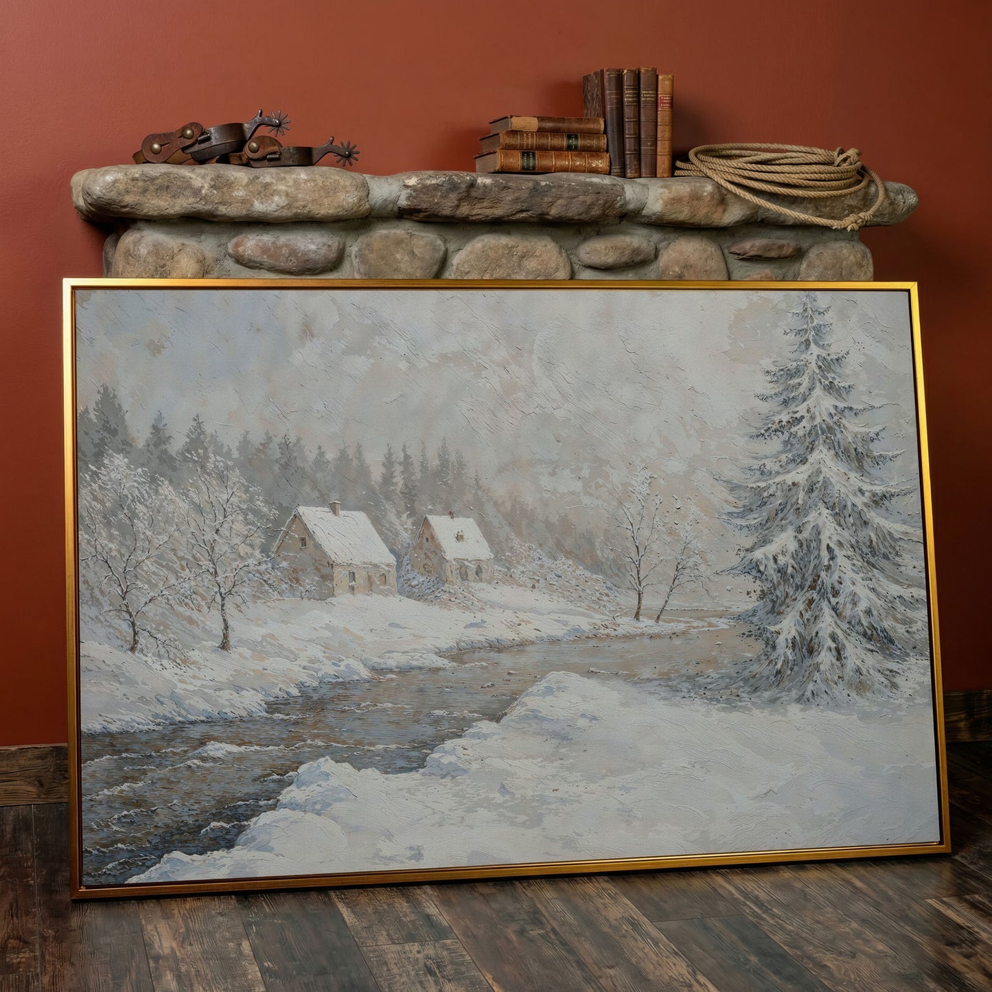 Cozy Cabins by Frozen River Winter Canvas in antique gold floating frame