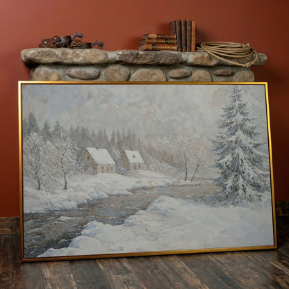 Cozy Cabins by Frozen River Winter Canvas in antique gold floating frame