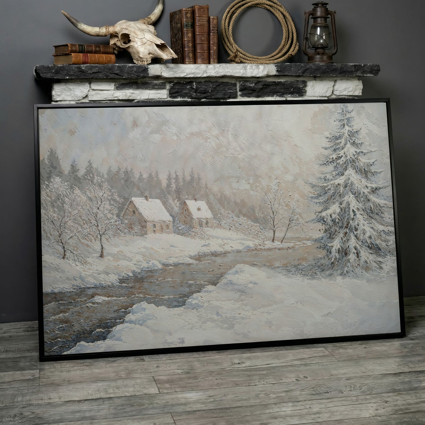Cozy Cabins by Frozen River Winter Canvas in black floating frame