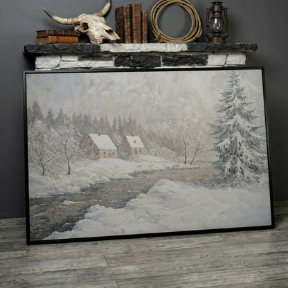 Cozy Cabins by Frozen River Winter Canvas in black floating frame