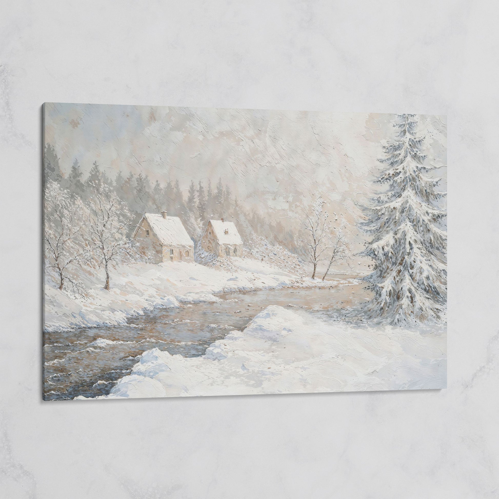 Cozy Cabins by Frozen River Winter Canvas on gallery wrap