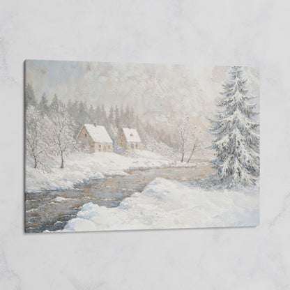 Cozy Cabins by Frozen River Winter Canvas on gallery wrap