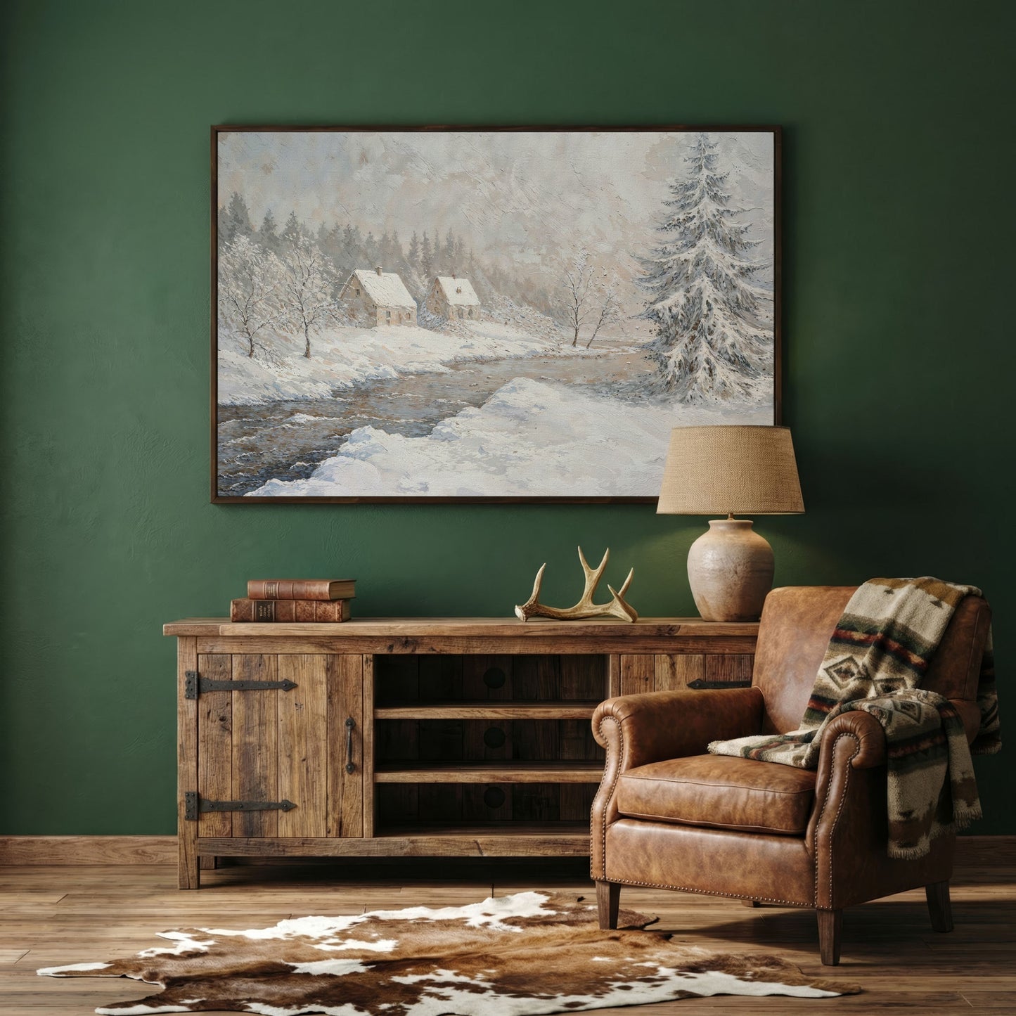 Cozy Cabins by Frozen River Winter Canvas in dark walnut floating frame