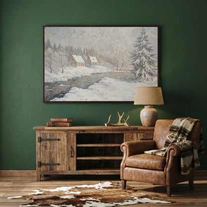 Cozy Cabins by Frozen River Winter Canvas in dark walnut floating frame