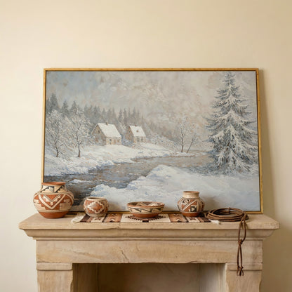 Cozy Cabins by Frozen River Winter Canvas in white oak floating frame