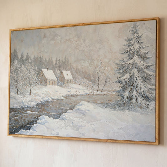 Cozy Cabins by Frozen River Winter Canvas shown in white oak floating frame