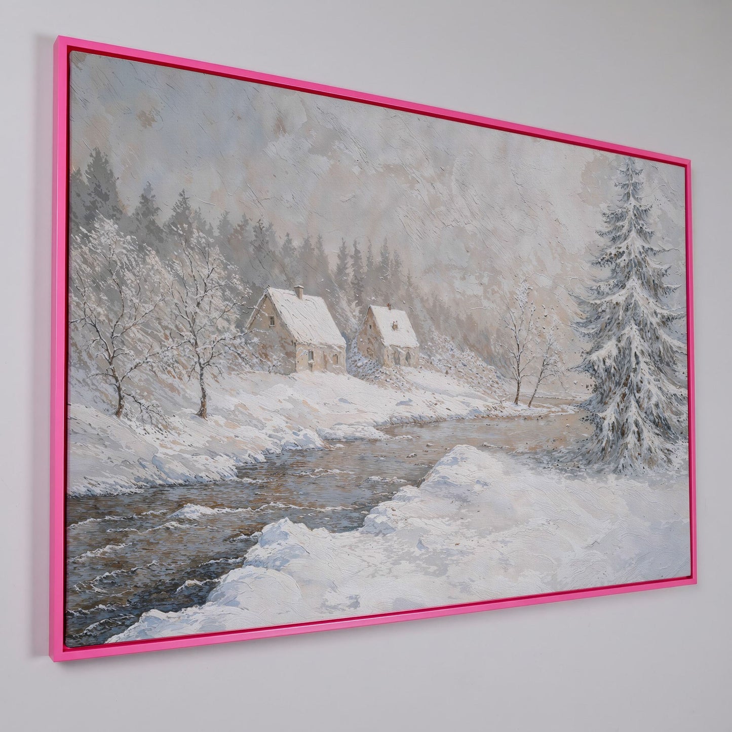 Cozy Cabins by Frozen River Winter Canvas in pink floating frame