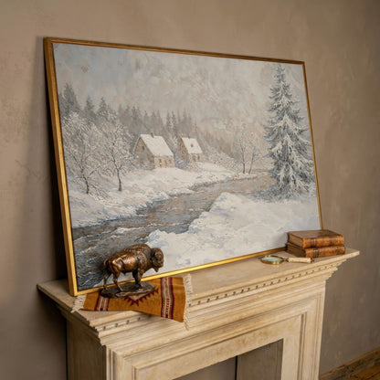 Cozy Cabins by Frozen River Winter Canvas in rose gold floating frame