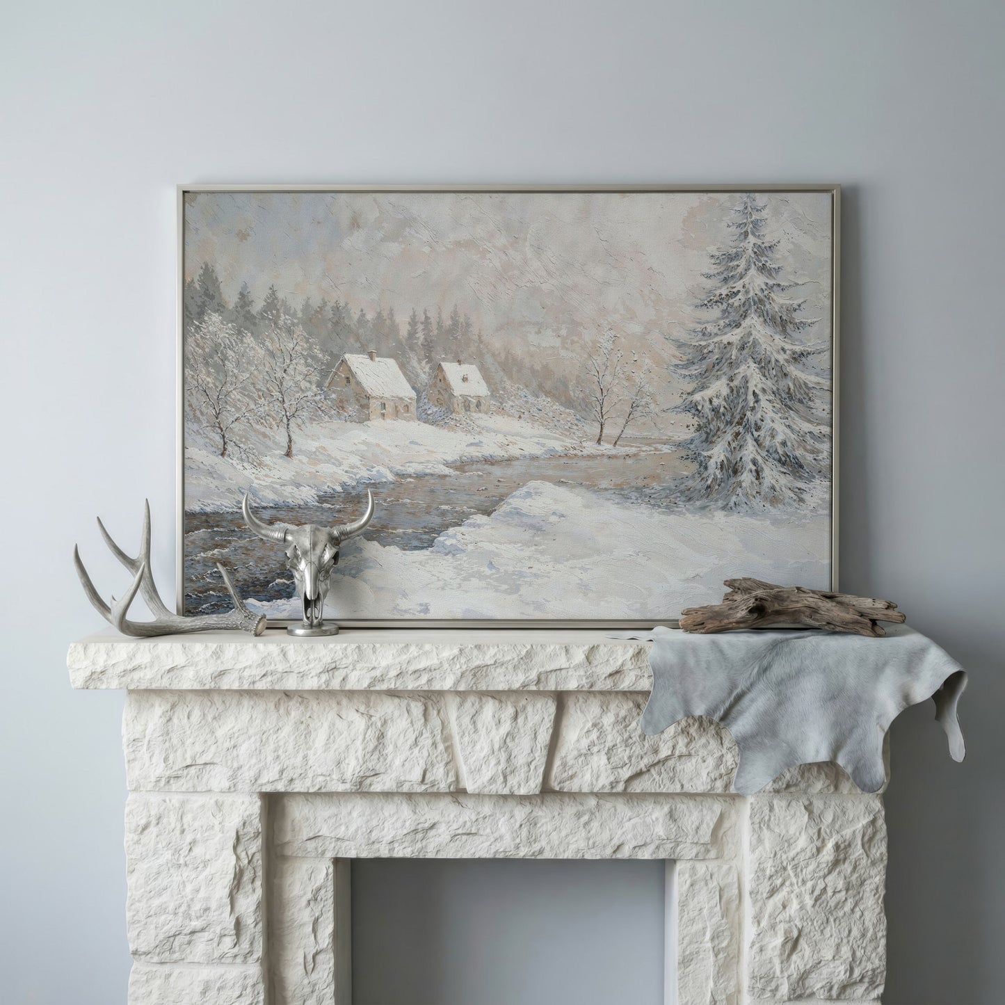 Cozy Cabins by Frozen River Winter Canvas in silver floating frame
