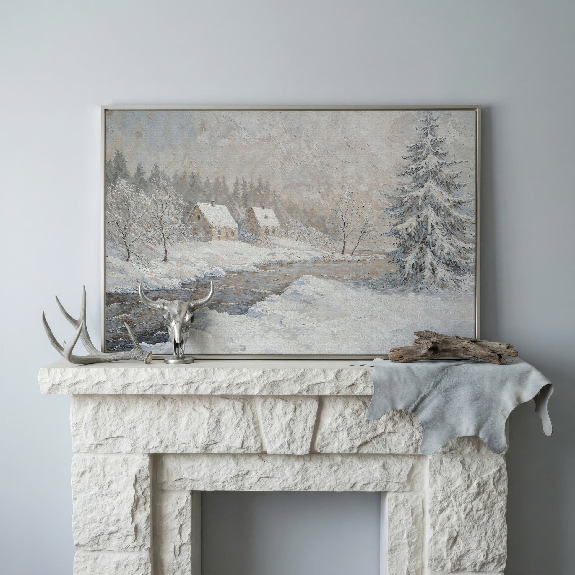 Cozy Cabins by Frozen River Winter Canvas in silver floating frame