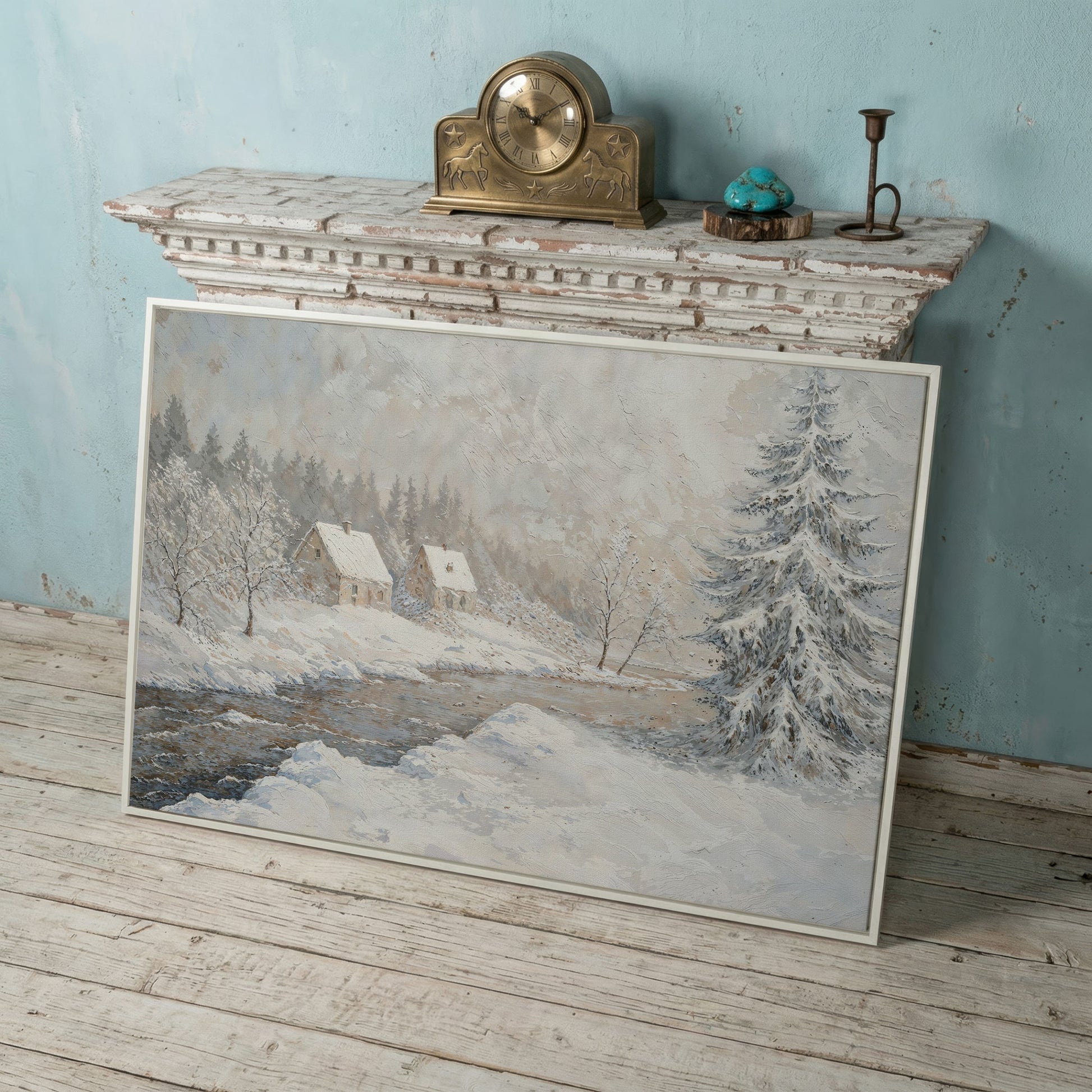 Cozy Cabins by Frozen River Winter Canvas in white floating frame