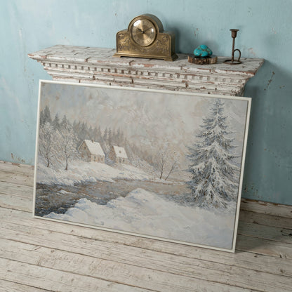 Cozy Cabins by Frozen River Winter Canvas in white floating frame