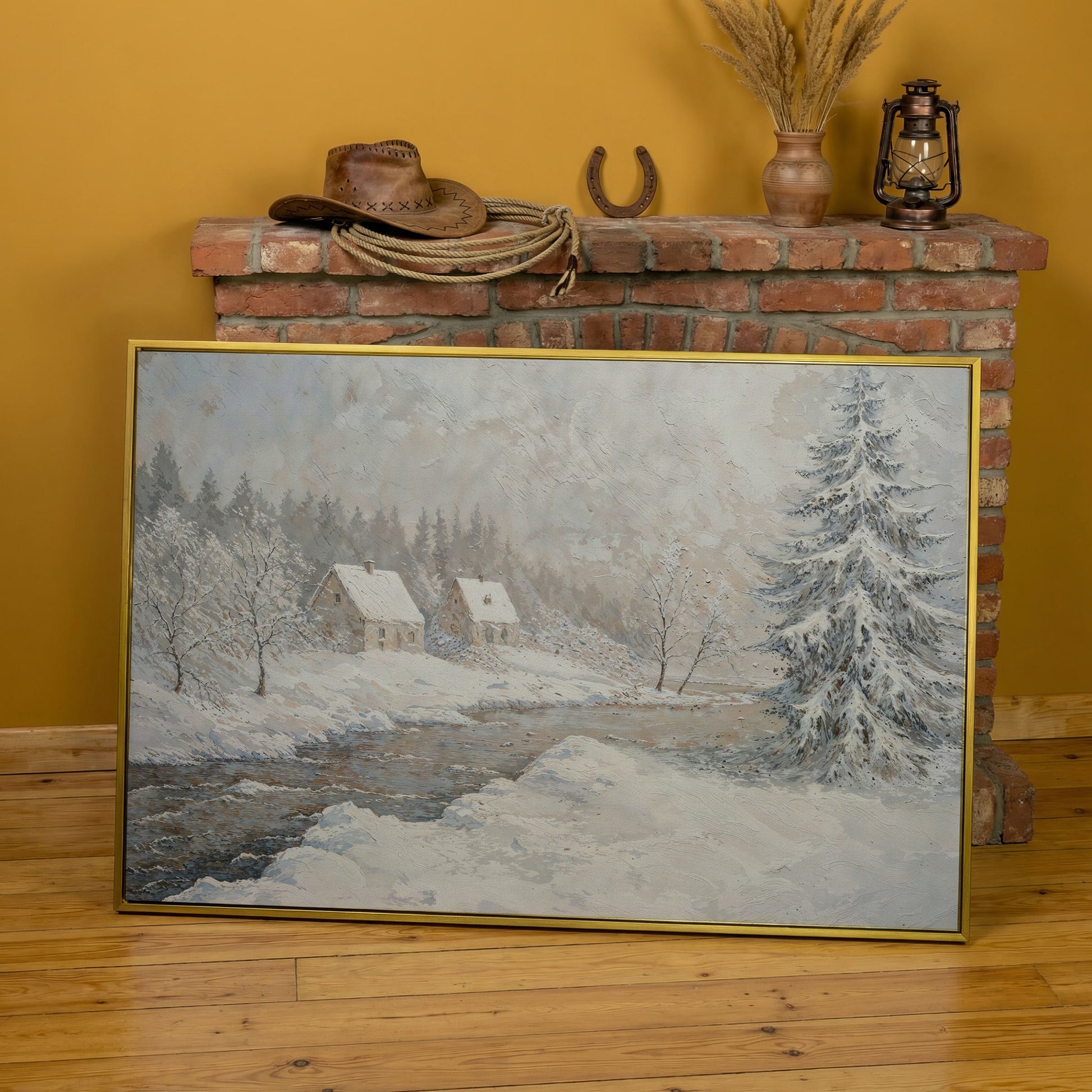 Cozy Cabins by Frozen River Winter Canvas in yellow gold floating frame