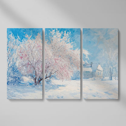 Snowy Cabin with Blossoming Trees Winter Canvas as 3-panel split version