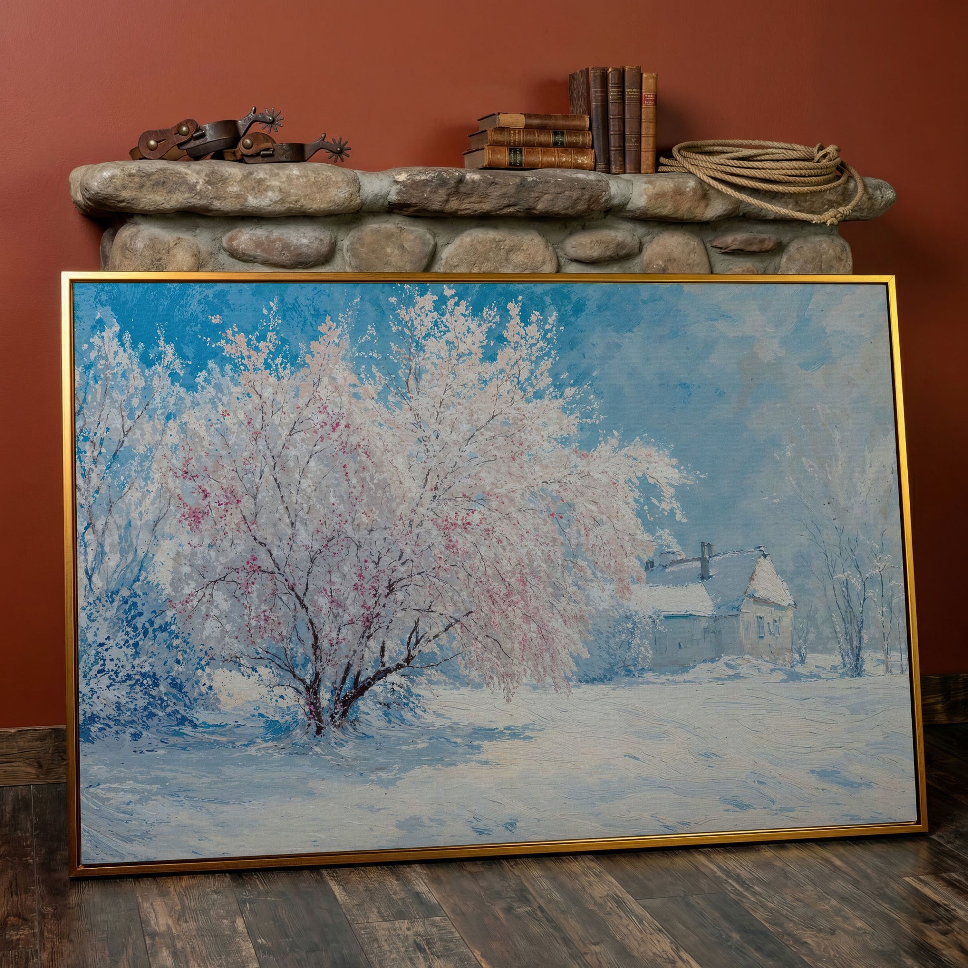 Snowy Cabin with Blossoming Trees Winter Canvas in antique gold floating frame