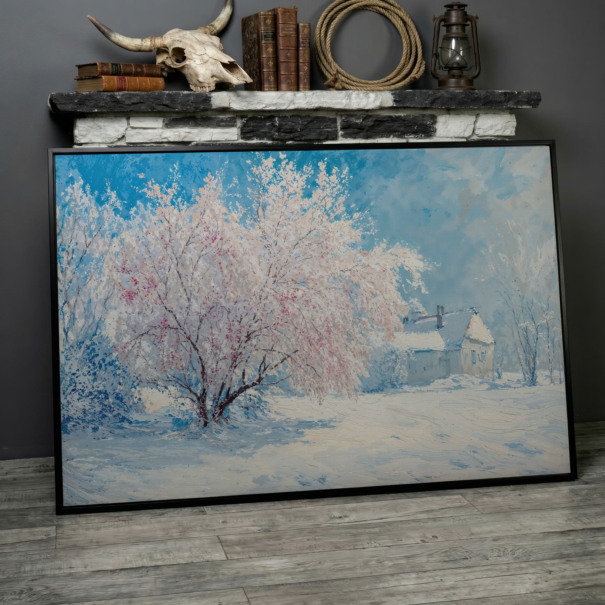 Snowy Cabin with Blossoming Trees Winter Canvas in black floating frame