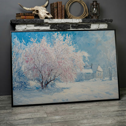 Snowy Cabin with Blossoming Trees Winter Canvas in black floating frame