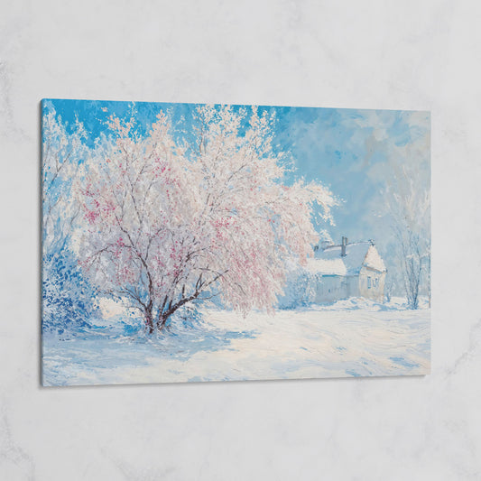 Snowy Cabin with Blossoming Trees Winter Canvas on gallery wrap
