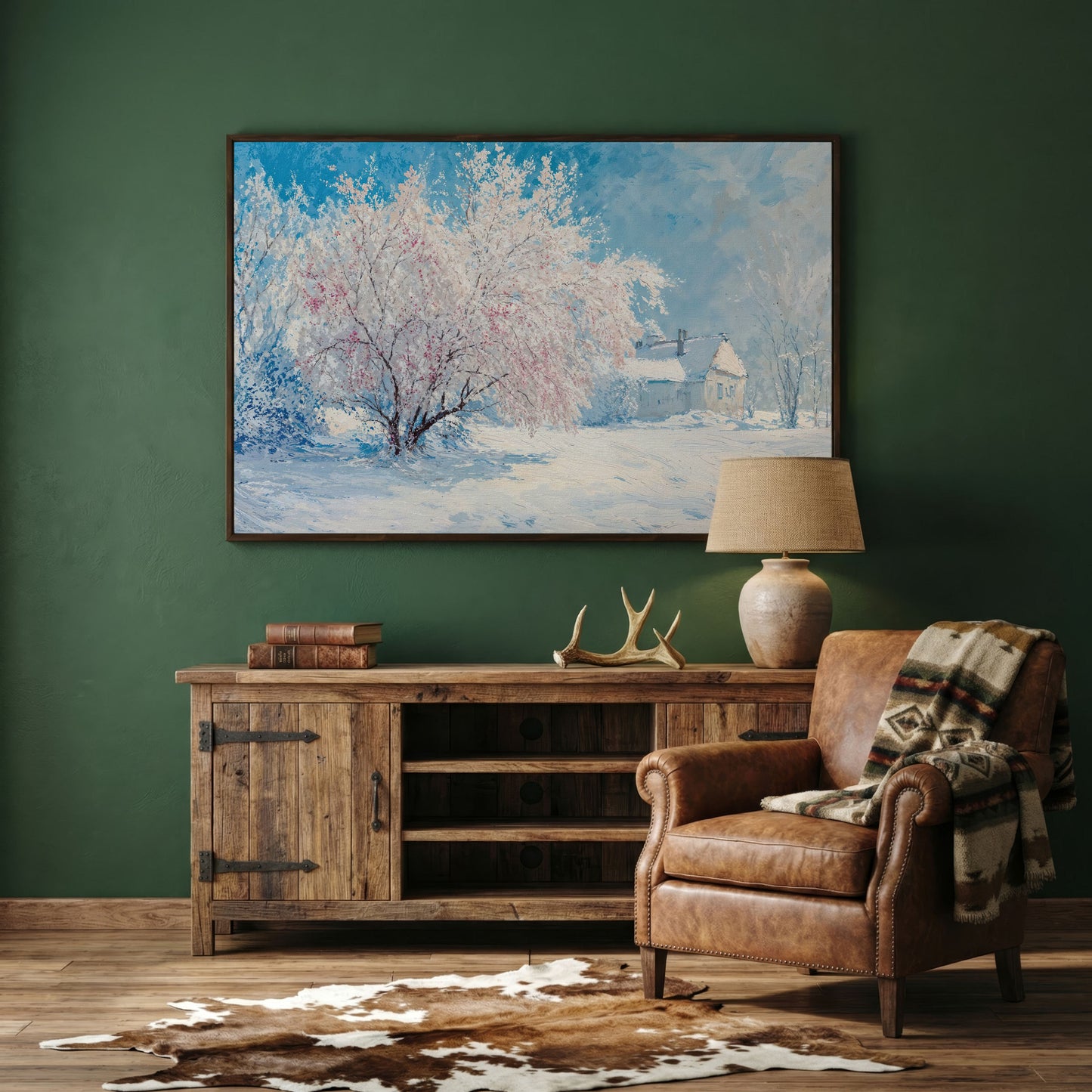 Snowy Cabin with Blossoming Trees Winter Canvas in dark walnut floating frame