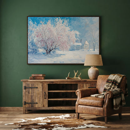 Snowy Cabin with Blossoming Trees Winter Canvas in dark walnut floating frame