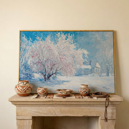 Snowy Cabin with Blossoming Trees Winter Canvas in white oak floating frame