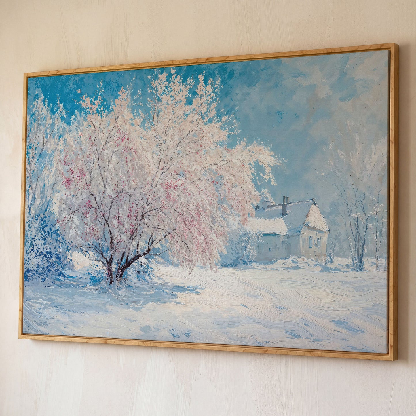 Snowy Cabin with Blossoming Trees Winter Canvas shown in white oak floating frame