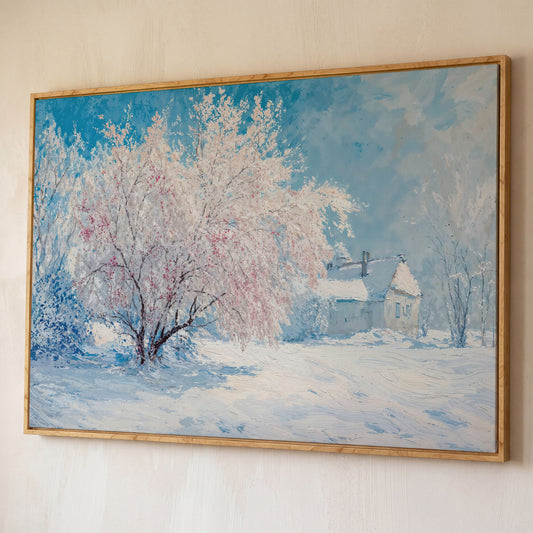 Snowy Cabin with Blossoming Trees Winter Canvas shown in white oak floating frame
