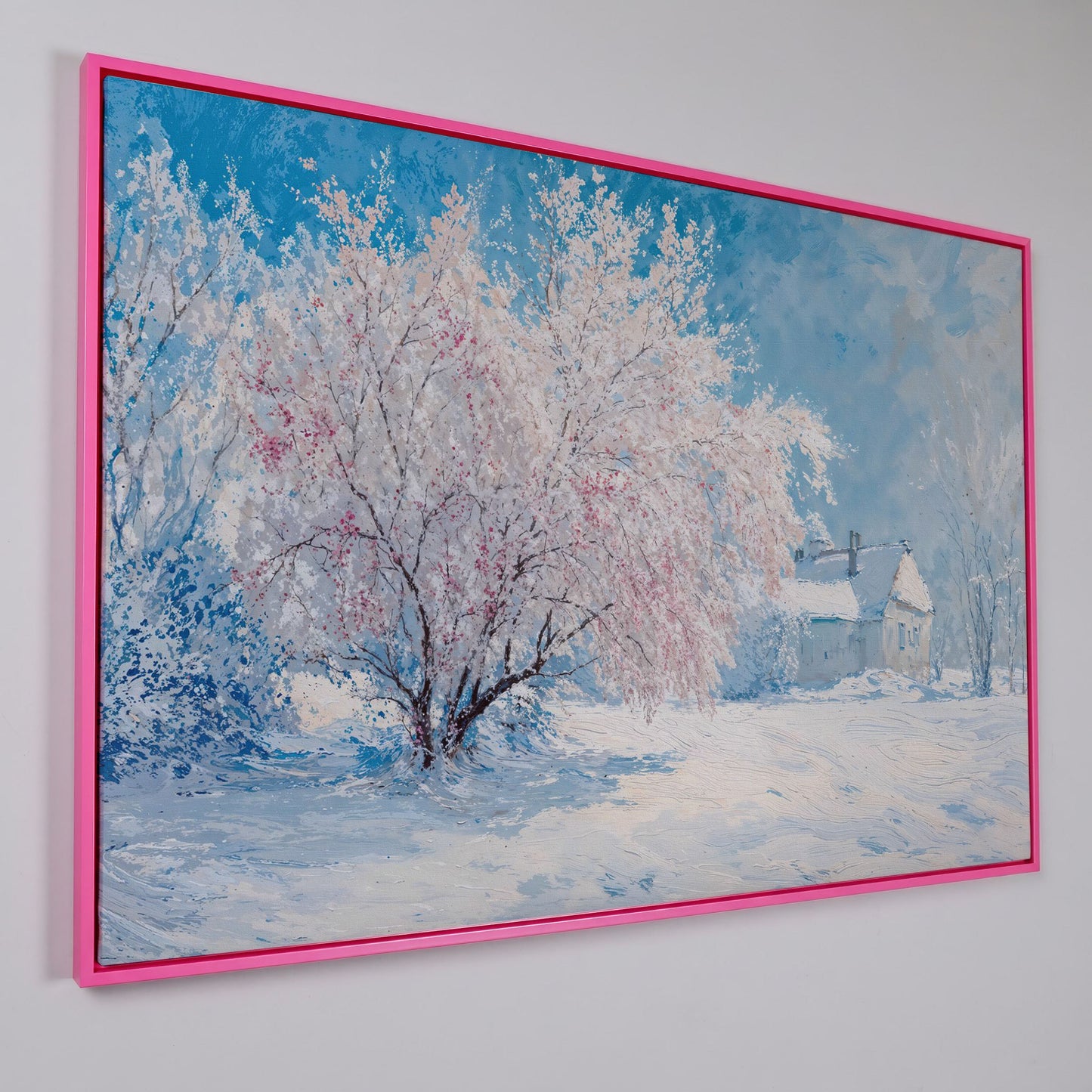 Snowy Cabin with Blossoming Trees Winter Canvas in pink floating frame