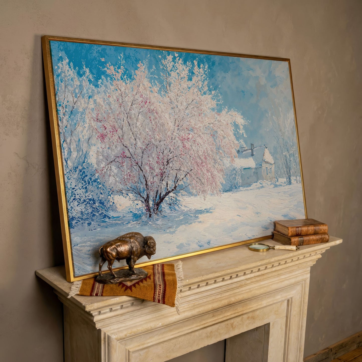 Snowy Cabin with Blossoming Trees Winter Canvas in rose gold floating frame