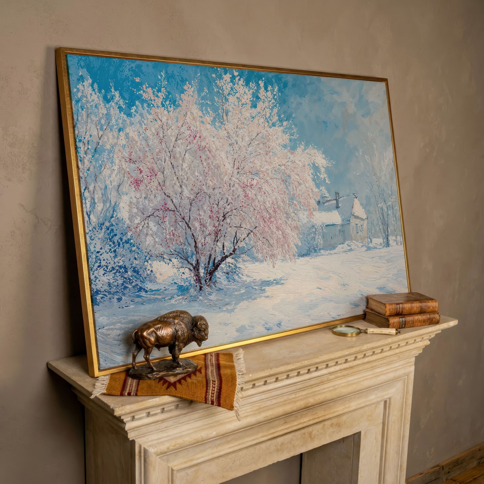 Snowy Cabin with Blossoming Trees Winter Canvas in rose gold floating frame