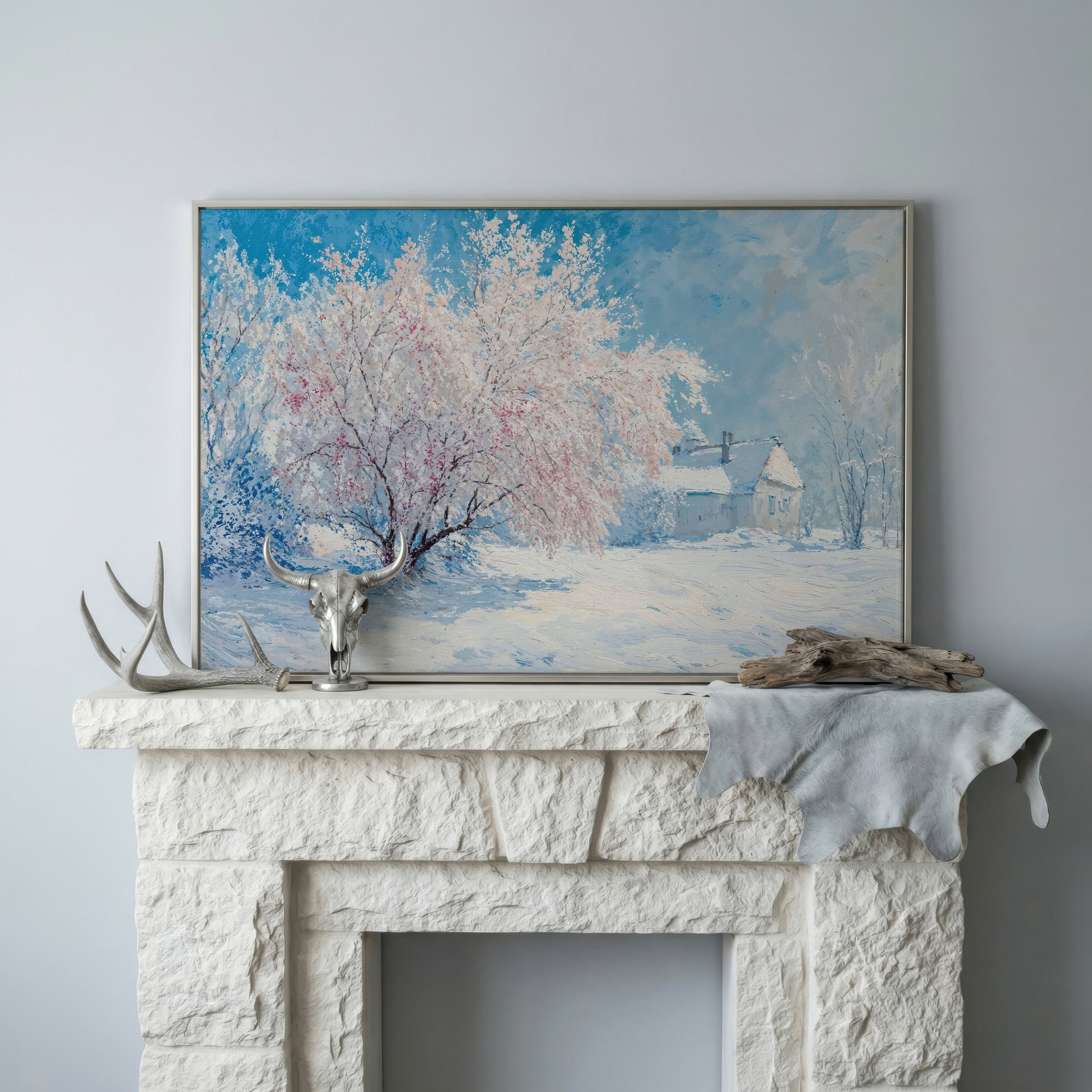 Snowy Cabin with Blossoming Trees Winter Canvas in silver floating frame