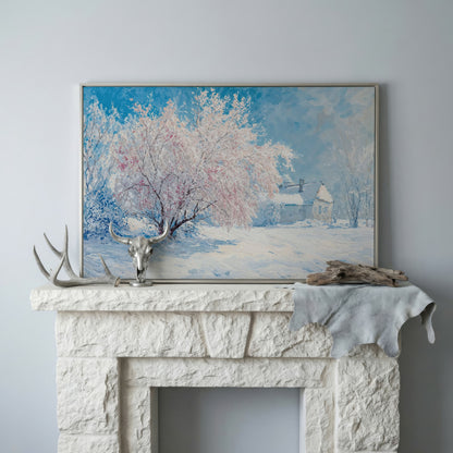 Snowy Cabin with Blossoming Trees Winter Canvas in silver floating frame