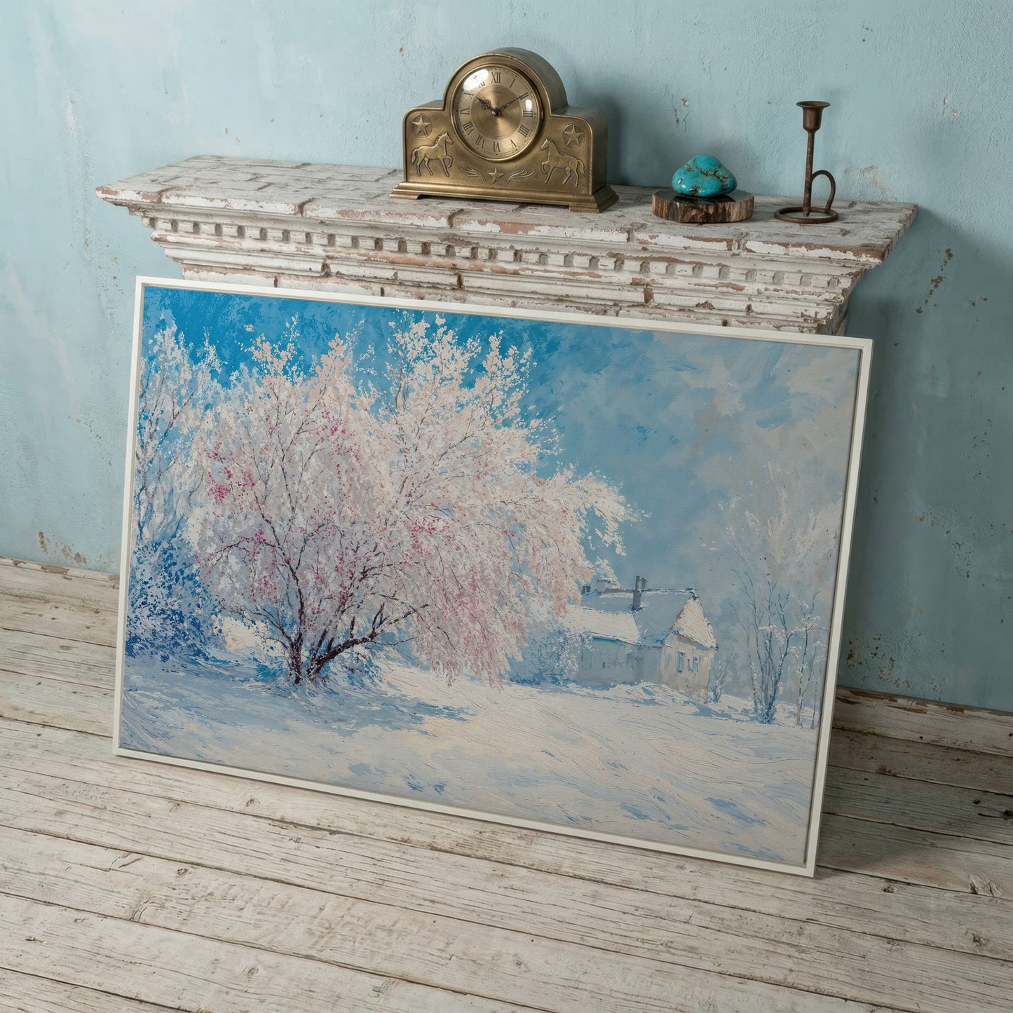 Snowy Cabin with Blossoming Trees Winter Canvas in white floating frame