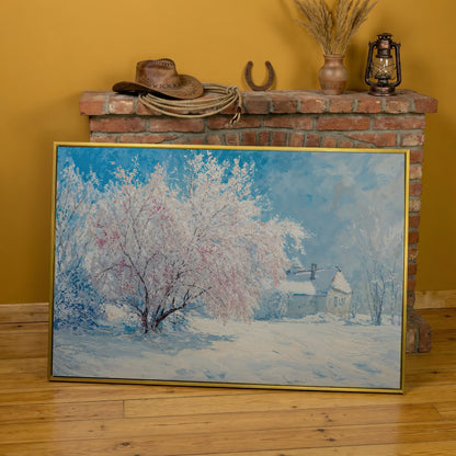 Snowy Cabin with Blossoming Trees Winter Canvas in yellow gold floating frame