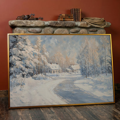 Snowy Village Road Canvas in antique gold floating frame
