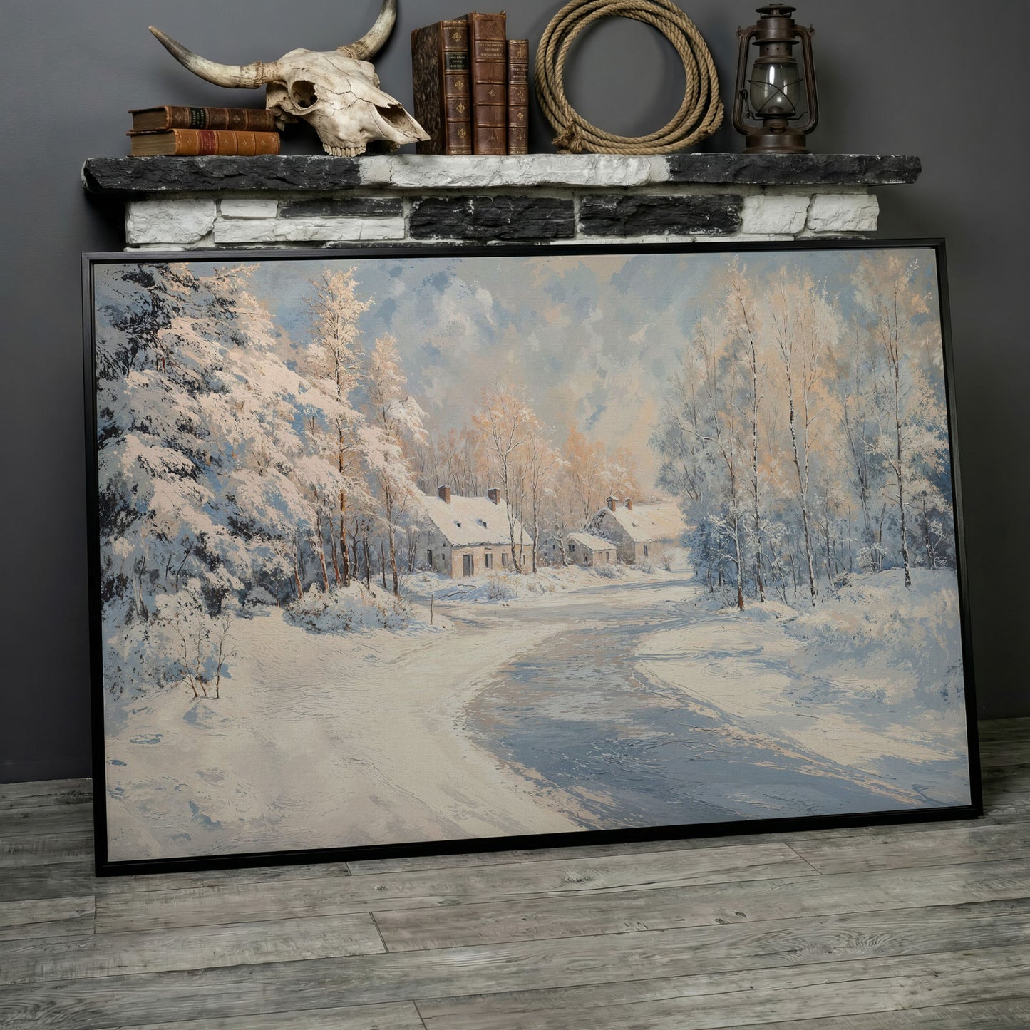 Snowy Village Road Canvas in black floating frame