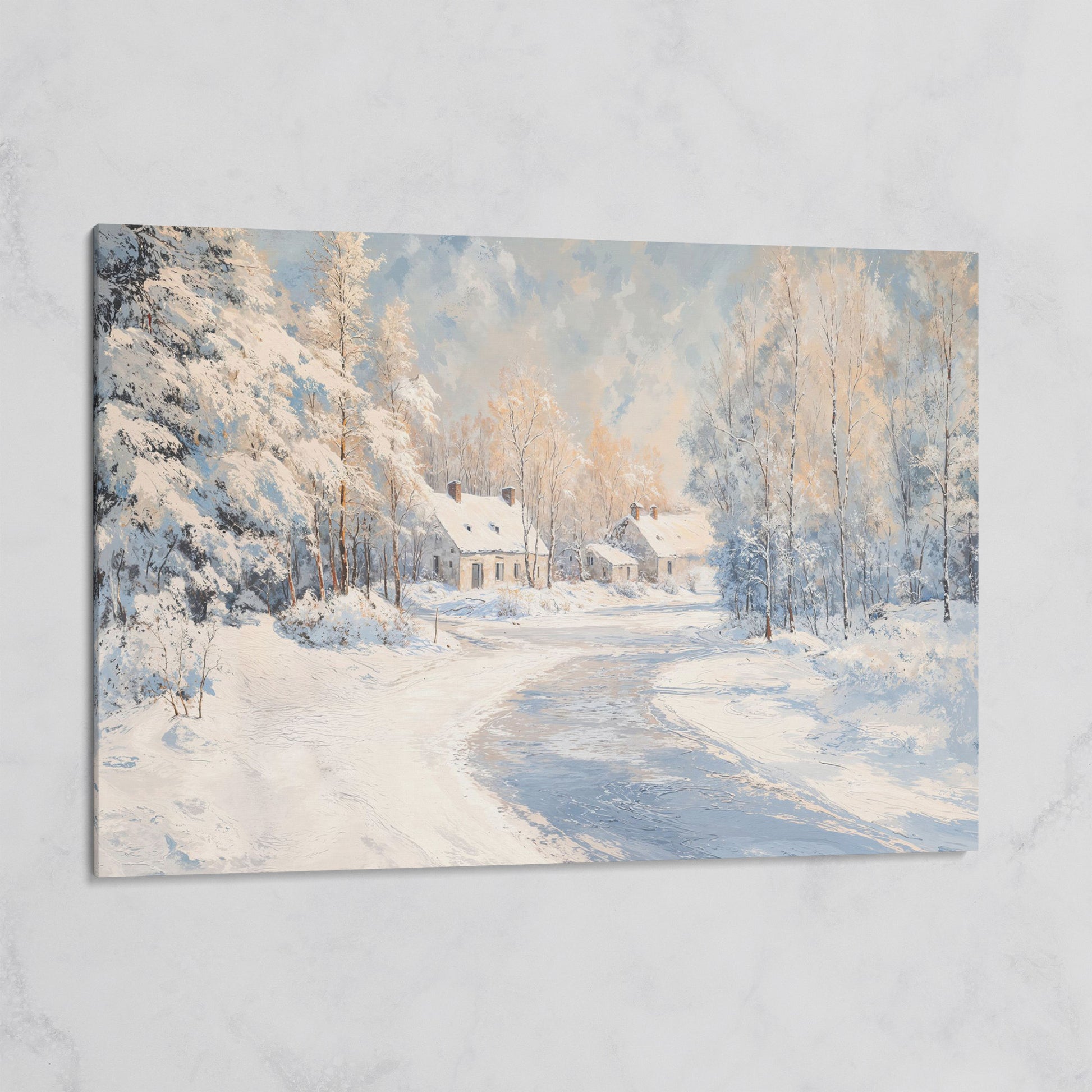 Snowy Village Road Canvas on gallery wrap