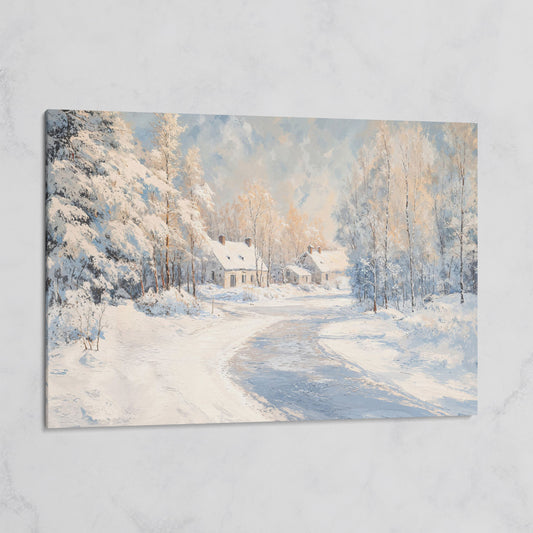 Snowy Village Road Canvas on gallery wrap