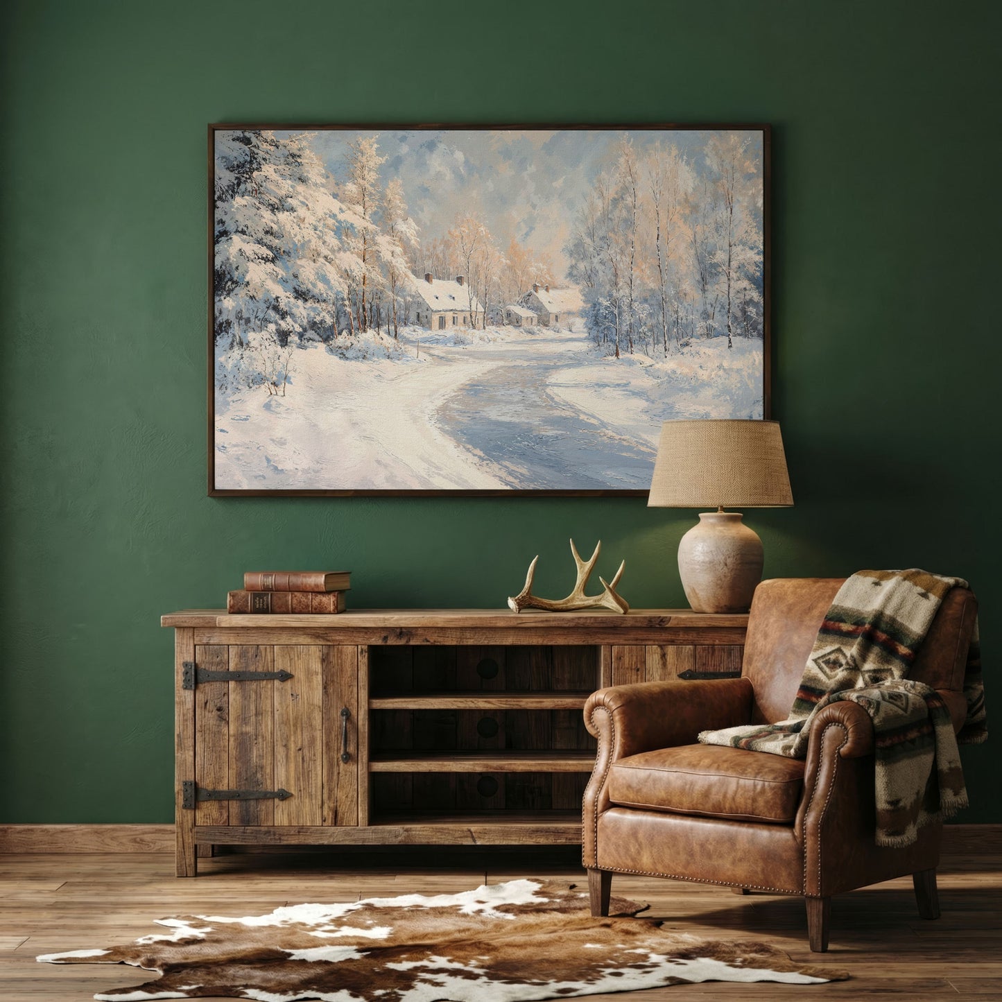 Snowy Village Road Canvas in dark walnut floating frame