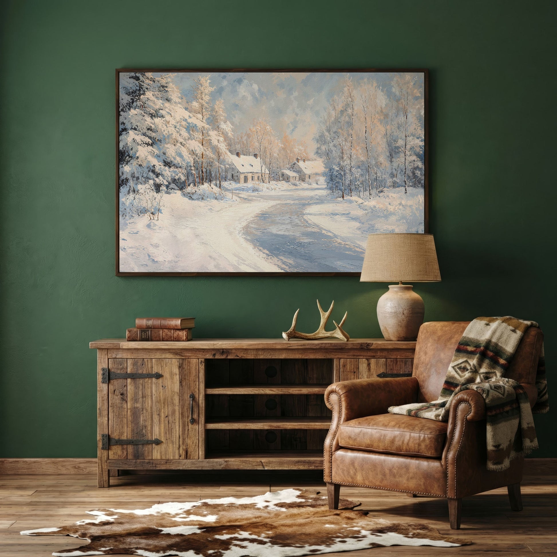 Snowy Village Road Canvas in dark walnut floating frame
