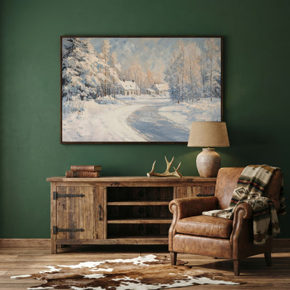Snowy Village Road Canvas in dark walnut floating frame