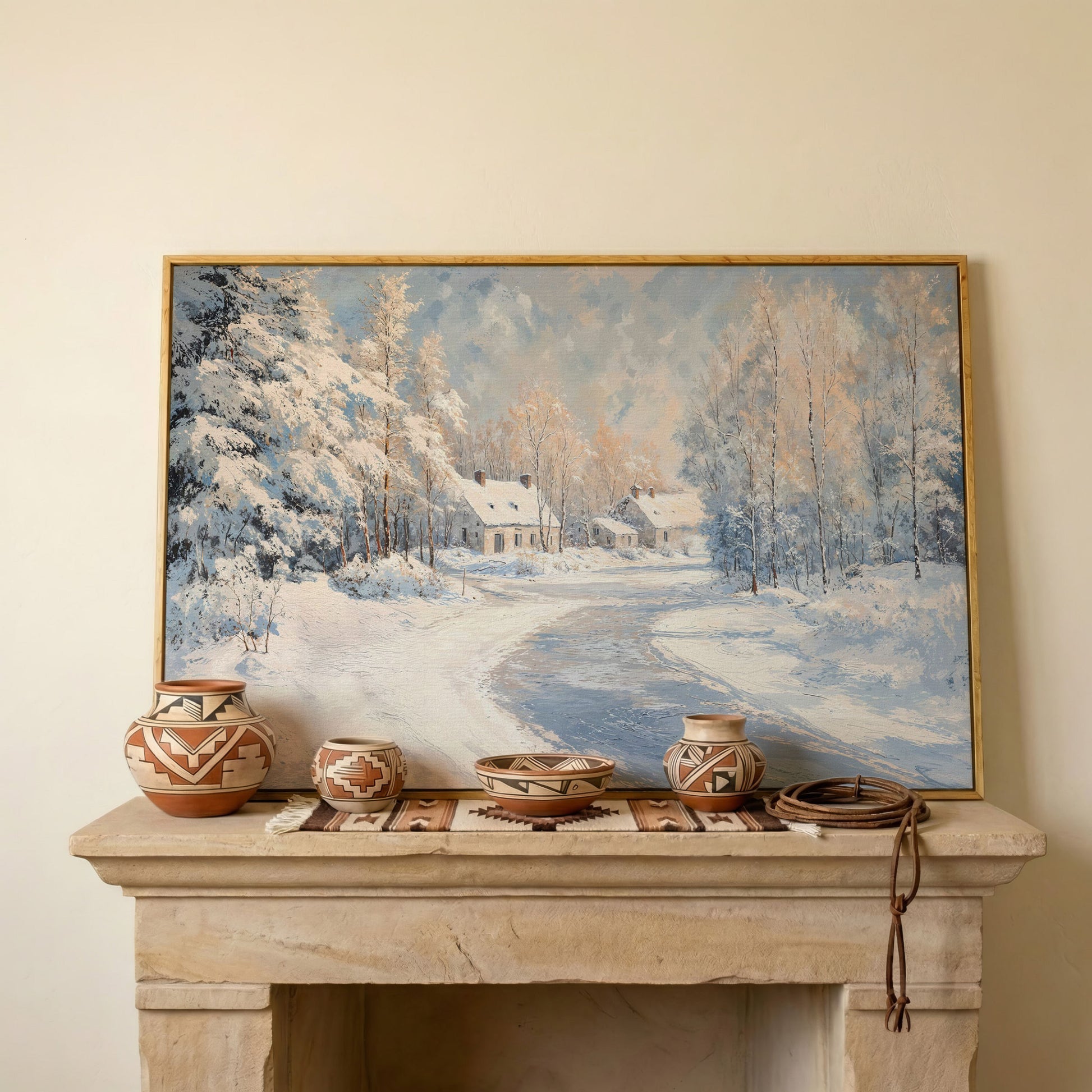 Snowy Village Road Canvas in white oak floating frame