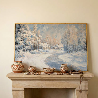 Snowy Village Road Canvas in white oak floating frame