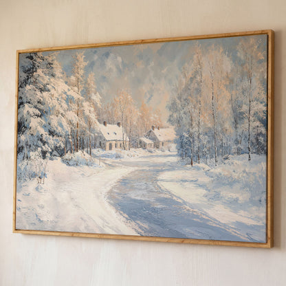 Snowy Village Road Canvas shown in white oak floating frame